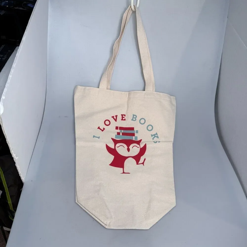 I Love Books Owl Tote Bag Red Owl Top Hat Tan Cotton Tapered Shopper 18x15 EUC-